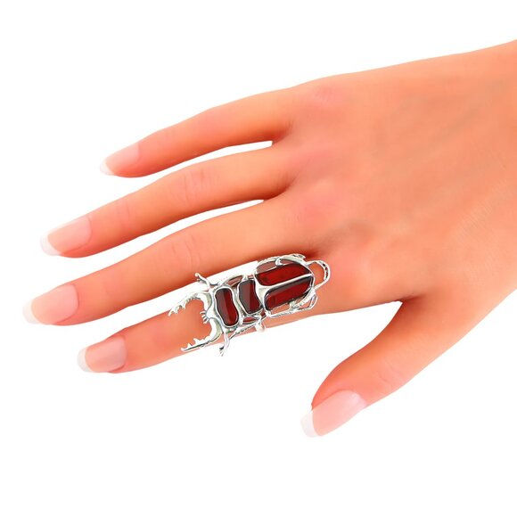 Baltic Cherry Amber Scarab Ring in 925 Sterling Silver - Picture 7 of 8